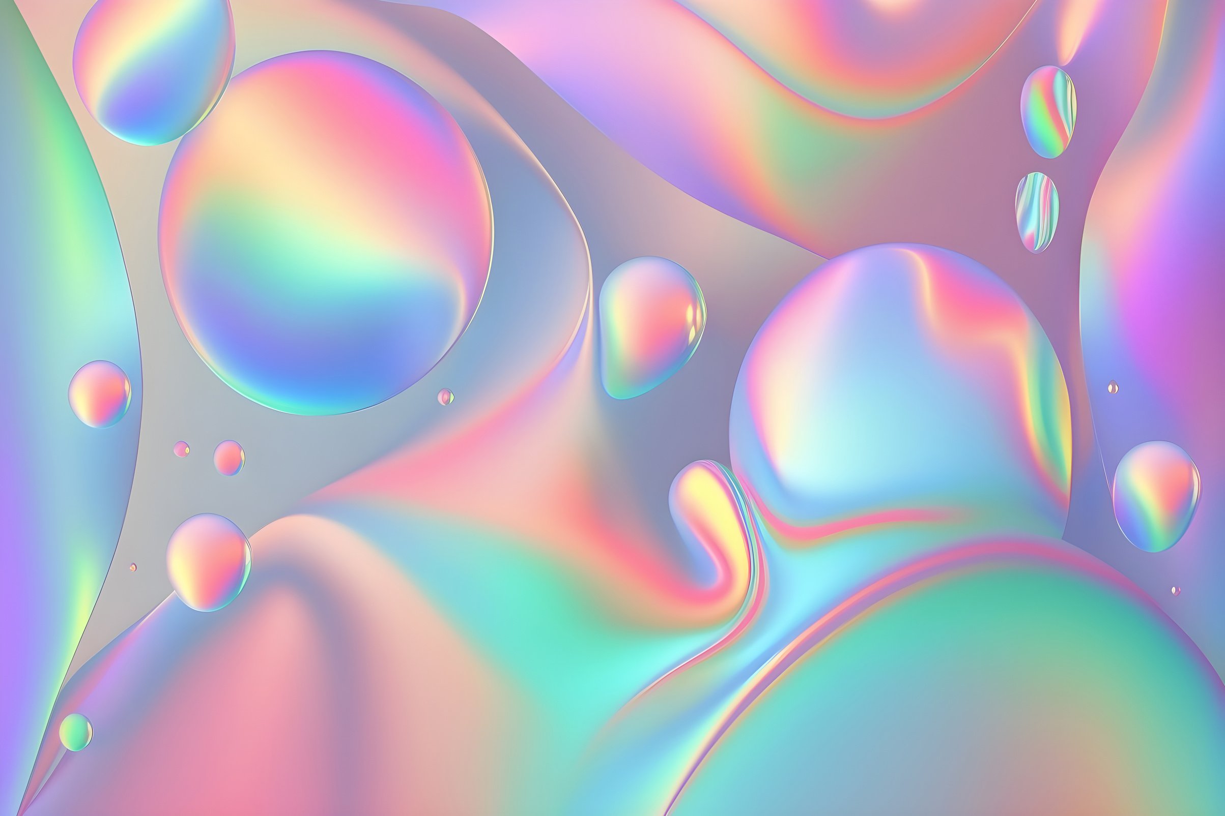 Holographic neon bubbles. Holographic wallpaper background. Gradient